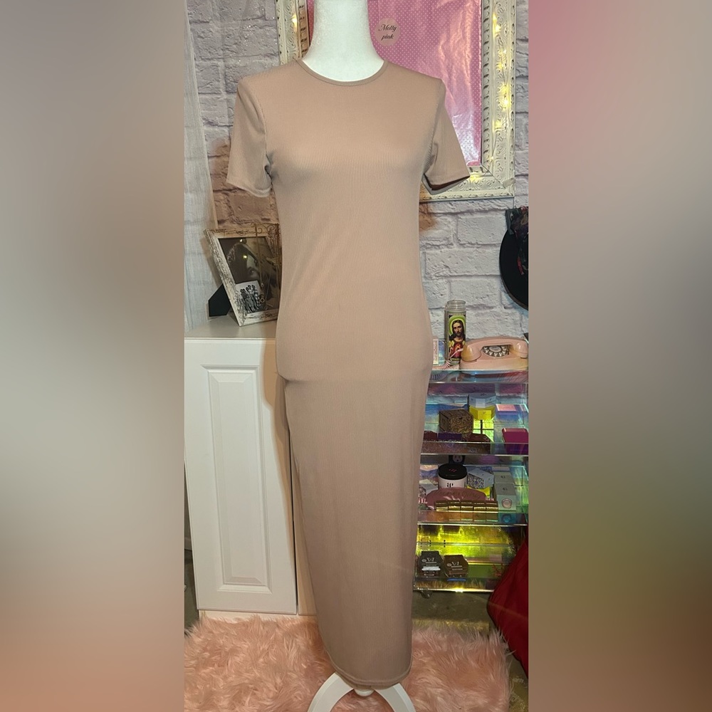 Pretty Little things size 6 Maternity ribbed jersey midi fitted dress in beige